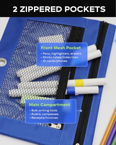 3 Ring Pencil Pouch for Binder, 2-Pocket Zipper Pencil Case with Clear Window & Mesh Pocket, Heavy Duty 600D Oxford Fabric Binder Pouch for School Office Supplies (Deep Blue) - color: Deep Blue