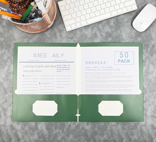 BIBRADAA® 50 Packs Dark Green Pocket Folders,Paper Folder Surface with Waterproofing,Letter Size,Holds 100 Plus Sheets,for School,Office,Business. (50, Dark Green) - color: Dark Green