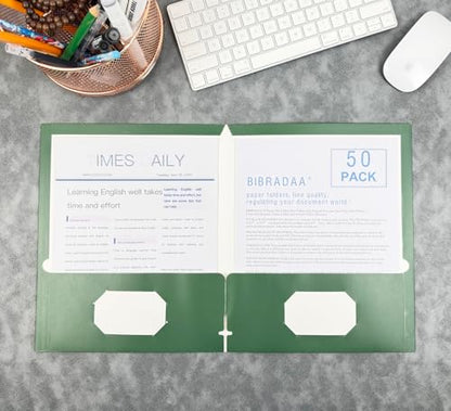 BIBRADAA® 50 Packs Dark Green Pocket Folders,Paper Folder Surface with Waterproofing,Letter Size,Holds 100 Plus Sheets,for School,Office,Business. (50, Dark Green) - color: Dark Green