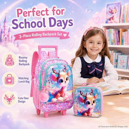 AGSDON 3PCS Kids Rolling Backpack, Girls Roller Wheels Bookbag, Wheeled Elementary School Bag with Lunch Bag - Deer - color: Baiyun Deer Roller