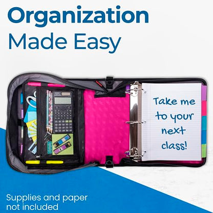 Case-it King Sized Zip Tab School Zipper Binder | 4-Inch D-Rings, 800 Sheet Capacity, 5-Subject Expanding File Folder, Multiple Pockets & Storage Organizer, Shoulder Strap | D-186 Magenta | 4 Pack