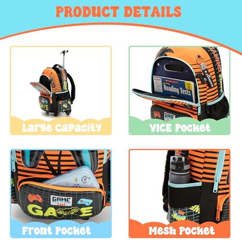 Meetbelify Boys Rolling Backpack with Wheels for Elementary Preschool Students Kids Travel Luggage Carry on Backpack for Boys Ages 6-8 - color: 02 Game