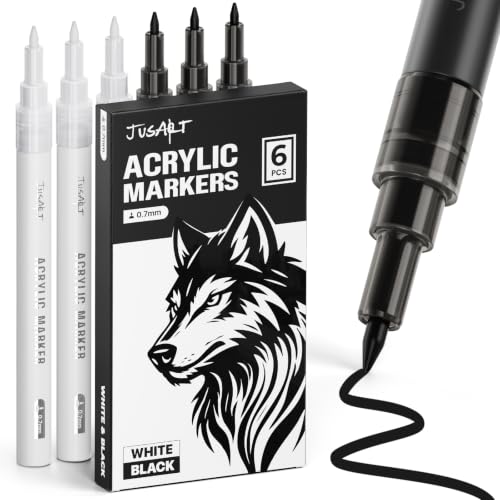 JusArt 0.7mm Fine Point Black & White Permanent Markers, 6 Pack | Black & White Acrylic Paint Pen for Rock Painting, Art Projects, Ceramic, Glass, Wood, Metal, Fabric, Ideal for Art Supplies - color: Black and White, size: 6 PCS