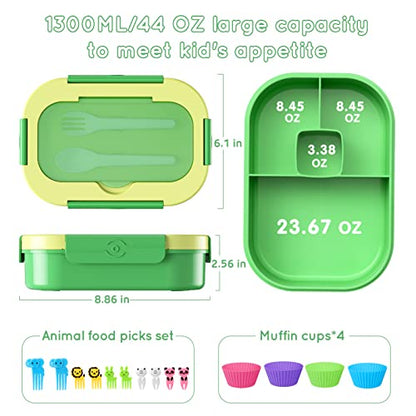 Bento Lunch Box Leakproof 44oz Kids Lunch Box Containers with 4 Compartment, Bento-Style Lunch Bento Box with Cutlery, Reusable Kid Back to School Meal/Snack Packing BPA Free (Green) - color: Green