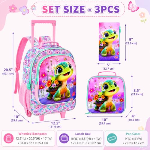 AGSDON 3PCS Kids Rolling Backpack, Girls Roller Wheels Bookbag, Wheeled Elementary School Bag with Lunch Bag - Turtle - color: Turtle Roller