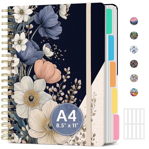 Large Spiral Lined Notebook for Work with Dividers & Tabs, 8.5"x11" Hardcover 5 Subject Notebook, College Ruled, 280 Pages, Elegant Blooms - color: E - Elegant Blooms