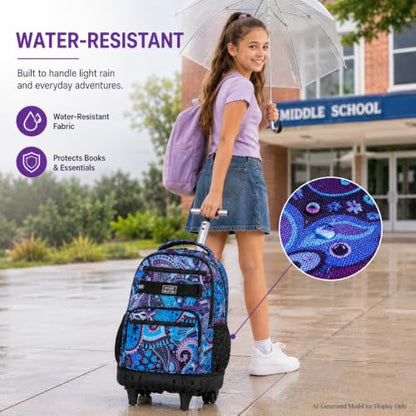 gxtvo Rolling Backpack for Women, Adults Wheeled Bookbag with Lunch Box for Girls, Water Resistant Roller School Bag for College Teens Kids Travel - Purple Flower - color: Purple Flower