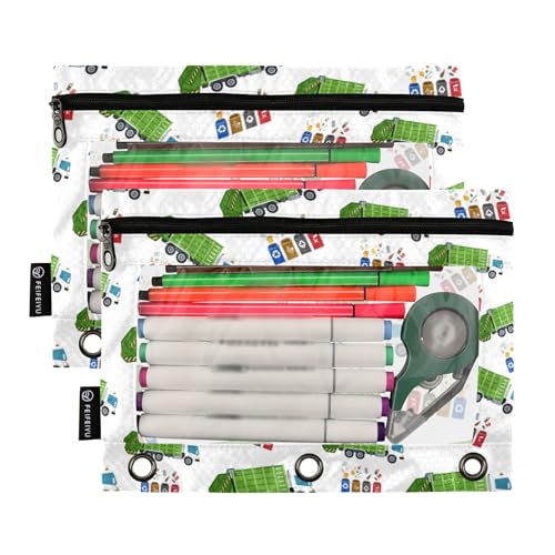 Garbage Truck Trash Recycling Pencil Pouch for 3 Ring Binder, Binder Pencil Pouches with Clear Window Zipper Pencil Case for Office College Supplies, 2PCS (B0309) - color: B0309