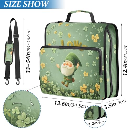 Golden Clover Gnome Zipper Binder 3 Ring 1.5 Inch School Binder Organizer with Shoulder Strap Handle File Folder Pockets Large Capacity Students Girl Boy Men Office Work - color: Golden Clover Gnome