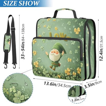 Golden Clover Gnome Zipper Binder 3 Ring 1.5 Inch School Binder Organizer with Shoulder Strap Handle File Folder Pockets Large Capacity Students Girl Boy Men Office Work - color: Golden Clover Gnome