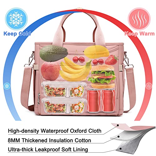 AIJIEKE Large Insulated Lunch Bag for Women, Work Lunch Box Tote, Pink | Leakproof, durable multi-compartment cooler. Reusable with shoulder strap. Perfect for travel meal prep, picnic, beach - color: Pink