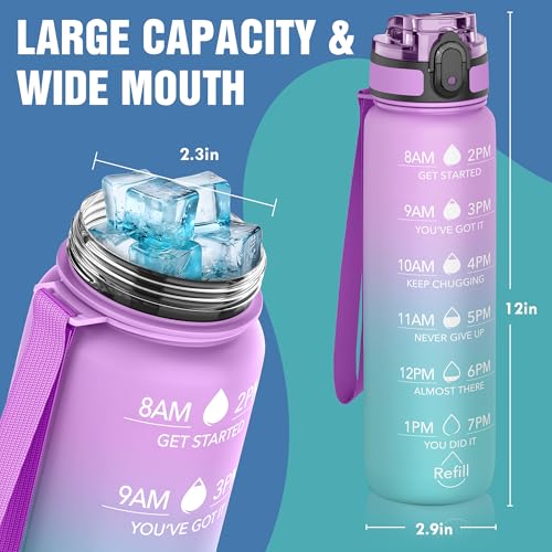 OLDLEY Water Bottle, 32oz Motivational Sports Water Bottle with Time Marker - Times to Drink - Tritan, BPA Free, Wide Mouth Leakproof,Confectionery - color: Confectionery