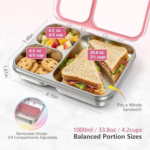 Stainless Steel Bento Lunch Box, 34oz/1000ml Leak Proof Metal Container, Lightweight 3mm Ultra-Narrow Bezel with Tritan Lid for Kids & Adults, 3-Compartment, BPA/BPS Free, Dishwasher Safe, Pink - color: Pink, size: 34oz/1000ml