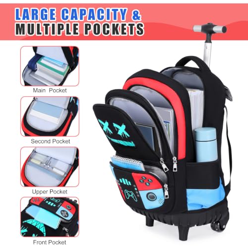 Bevalsa Rolling Backpack for Boys,Cool Luminous Gamer Roller School Backpacks with Lunch Box & Pencil Case,Kids Wheeled Schoolbag Bookbag with Wheels for Kindergarten Elementary School Travel - color: Red Blue Smile
