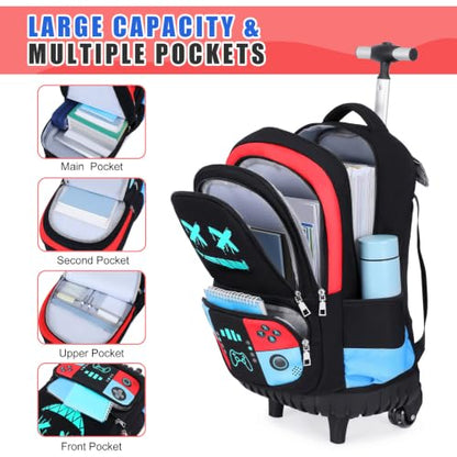 Bevalsa Rolling Backpack for Boys,Cool Luminous Gamer Roller School Backpacks with Lunch Box & Pencil Case,Kids Wheeled Schoolbag Bookbag with Wheels for Kindergarten Elementary School Travel - color: Red Blue Smile