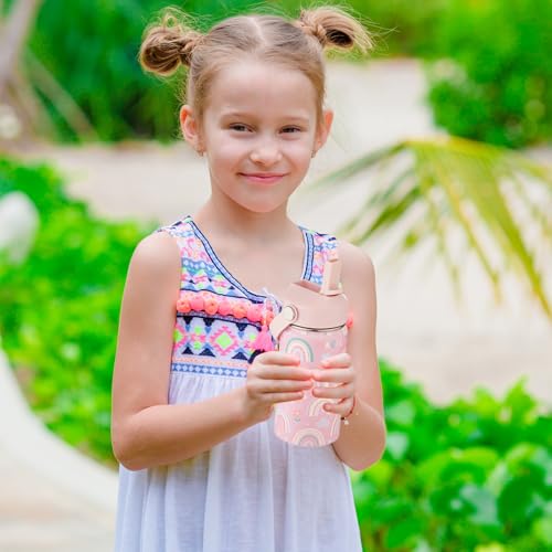Kids Water Bottle with Straw Lid-12 oz Insulated Stainless Steel Thermal Cup, Leakproof Wide Mouth Sports Bottle Keeps Cold 12H & Hot 6H for Gym Office Outdoor - color: Rainbow
