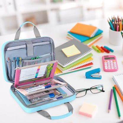 YARWO 2026 Upgraded Zipper Binder with 3 Pencil Pouches, 3 Ring Binder Bag | Small File Organizer, Multi Pockets, Padded Sleeve Fits 13” iPad, ID window, 1.2" O Ring, for School, Office, Work, Blue - color: Blue