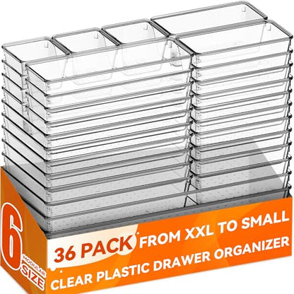 Criusia 36 Pack Large Clear Plastic Drawer Organizer Bins - 6 Size Acrylic Kitchen Drawer Organization and Storage for Utensils Gadgets, Office Bathroom and Vanity Organizer for Makeup Accessoires - size: 36 Pack
