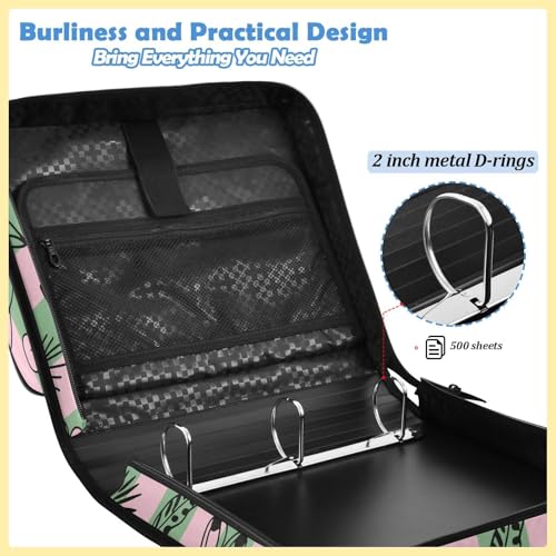 Hand-Drawn Leaves Zipper Binder with 2 Inch D-Rings Expandable File Portfolio with Shoulder Strap, Waterproof Nylon Organizer for 14" Laptop for Work College Travel