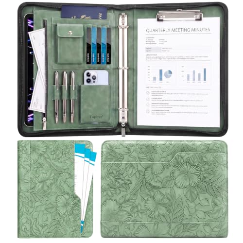 Embossed Padfolio with Zipper, Leather Portfolio Binder, 3 Ring Organizer | Zipper Closure, 3 Ring Binder, Fits Letter/A4, Multiple Card Slots & Pen Loops, Phone Pocket, Embossed Vegan Leather - color: Green Emboss