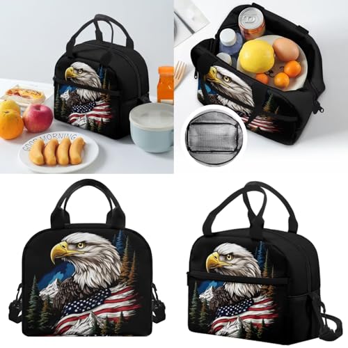 Horeset School Backpack Set for Boys 17inch Eagle American Flag Mountain Bookbags with Picnic Insulated Lunch Box Water Bottle Bag Large Capacity Middle School Bags Rucksack Kids 5-8 8-10 Years - color: Eagle American Flag Mountain