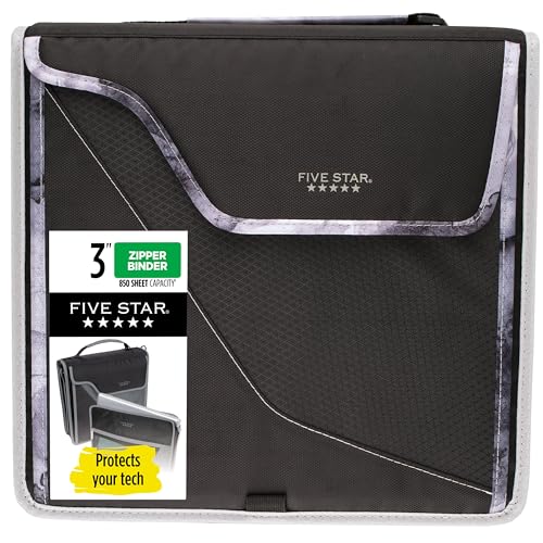 Five Star Zipper Binder, 3 Inch 3-Ring Binder with D Rings, Removable Padded Case, 5-Tab Expanding File and Multi-Use Strap, 850 Sheet Capacity, Black/Gray (29296IT8) - color: Black/Gray, size: 3 Inch