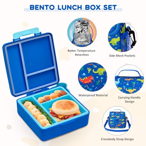 Pawtong Lunch Box Set with Bento Box Container, 17OZ Stainless Steel Food Soup Thermo, Kids Water Bottle & Portable Insulated Lunch Bag, Leakproof, Hot/Cold Retention for School, Travel (Dinasour) - color: Blue-Dinasour