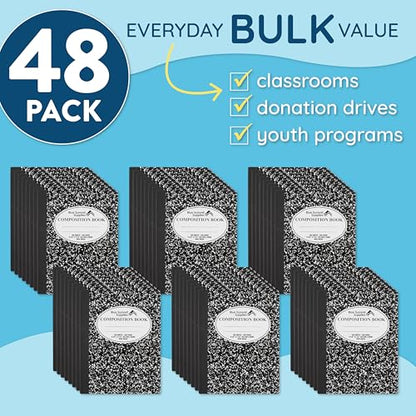 Blue Summit Black Composition Notebook, Black and White Composition Notebook Wide Ruled, Marble, 100 Sheets per Book, Bulk 48 Pack - color: Marble Black, size: 48 Pack