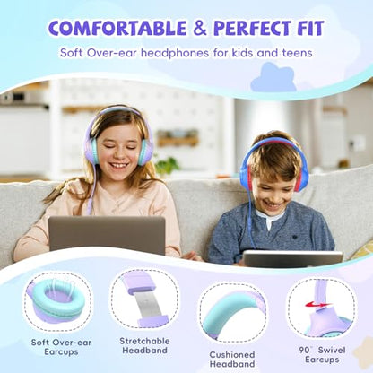 [Purple + Blue] Kids Headphones for School Travel, 85/94dB Volume Litmit, HD Mic Stereo Sound Wired Over-Ear Toddler Girls Boys Headphones for Kid, Foldable 3.5mm for Tablet