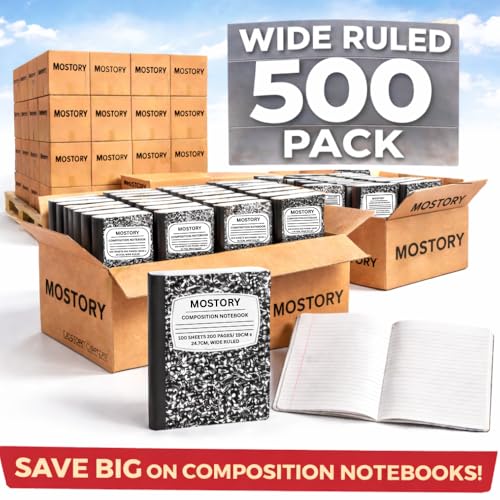 MOSTORY Pack of 500 Bulk Composition Notebook -Wide Ruled 200 Pages (100 Sheets), Size 7.5" x 9.75", Bulk School Supplies, Office, Bulk Notebooks for School, Writing Journal Notebook with Lined Paper - size: 500 Pack
