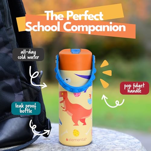 Elemental Insulated Kids Water Bottle, Stainless Steel Water Bottle with Straw Lid & Pop-It Handle, Leak-Proof Water Bottles for School, Boys or Girls, Travelling and Sports, 18oz - Dino Rage - color: Dino Rage