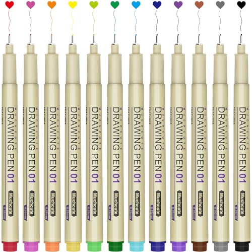 Muchcute 01 Micro Fineliner Drawing Art Pens: 12 Colors 0.25mm Extra Fine Point Bible No Bleed Smooth Journal Zentangle Study Supplies Colored Waterproof Line Ultra Needle Tip Fine liner Thin Gel Felt - color: 12 Colors 01(0.25mm)