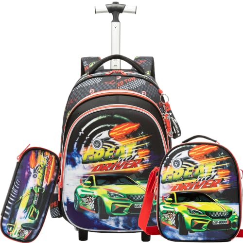 Meetbelify Rolling Backpack for Boys Backpacks with Wheels for Elementary Preschool Students 3 in 1 Kids Rolling Backpacks with Lunch Box Pencil Case Travel Luggage for Boys Age 8-10 - color: 02 Car