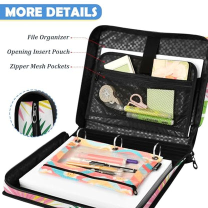 Tropical Palm Leaves Zipper Binder with 2 Inch D-Rings Expandable File Portfolio with Shoulder Strap, Waterproof Nylon Organizer for 14" Laptop for Work College Travel