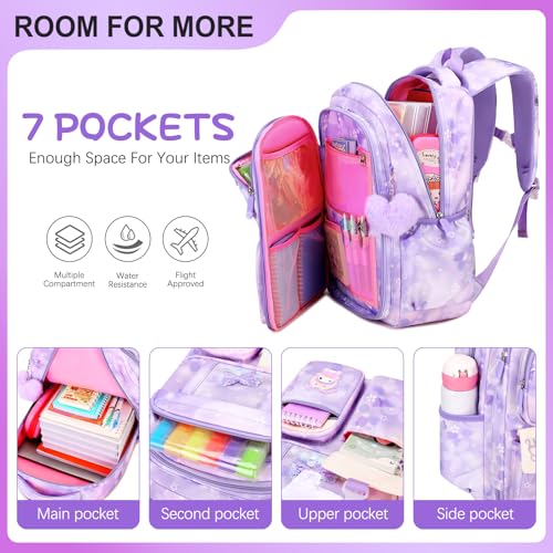 Jafeton Backpacks for Girls, Girls Backpack with Insulated Lunch Bag and Pencil Case for Kids Teens Elementary Middle High School Student, Cute Bow School Bag Travel Daypacks Book Bag Set - color: Purple