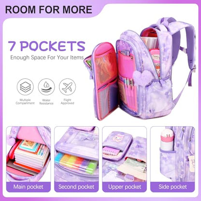 Jafeton Backpacks for Girls, Girls Backpack with Insulated Lunch Bag and Pencil Case for Kids Teens Elementary Middle High School Student, Cute Bow School Bag Travel Daypacks Book Bag Set - color: Purple