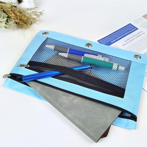 Pencil Pouch for 3 Ring Binder - 3 Hole Zipper Pen Case Bag Holder Bulk Accessories Clear Window Aesthetic Organizer Pockets - color: Sky Blue