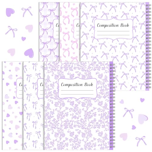 AmazingSpark 6 Pack Lefty Preppy Notebook Cute Bow Coquette Journal 7" x 9" College Wide Ruled 110 Pages Left Handed Aesthetic School Supplies Gifts for Teens Girls Women(Spiral,Purple Bow) - color: Purple Bow, style: Spiral