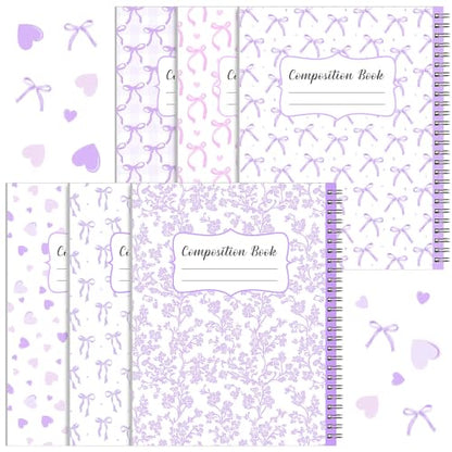 AmazingSpark 6 Pack Lefty Preppy Notebook Cute Bow Coquette Journal 7" x 9" College Wide Ruled 110 Pages Left Handed Aesthetic School Supplies Gifts for Teens Girls Women(Spiral,Purple Bow) - color: Purple Bow, style: Spiral