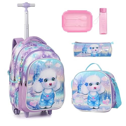 Cartoon Rolling Backpack for Boys Girls, Kids 5 Pcs Wheeled Backpack, Travel Backpack for Elementary Students (Dog Purple) - color: Dog Purple
