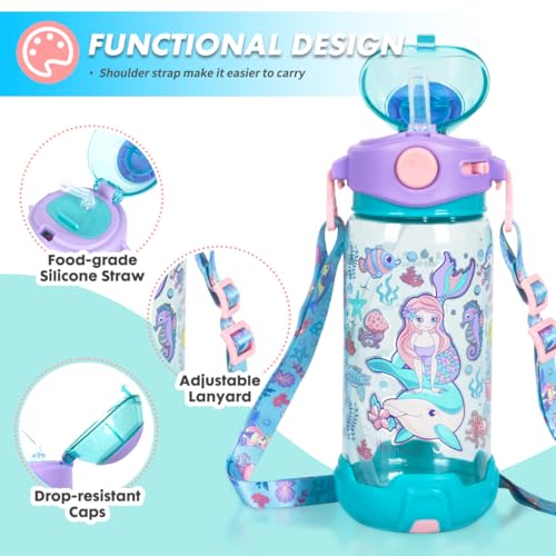Kids Water Bottle with Straw/Lanyard for School Kids Girls Boys, 22oz BPA Free Child Drinking Water Bottle One-Click-Open Leak-Proof Locking Flip Lid for School Sport Travel - color: H03. Mermaid