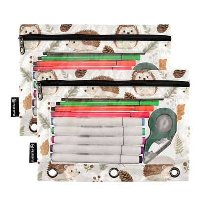 Hedgehog Pencil Pouches for 3 Ring Binder, Zipper Binder Pencil Case, 2 Pack Clear Window Case Bag for Office Organizers - color: Hedgehog