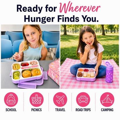 kinsho Glitter Lunch Box Bento-Boxes for Girls, Meal and Snack Containers for Toddler Daycare, School, Travel, 6 Divided Sections, Cute Bentobox, Leak-Resistant, Utensils, Purple Lilac Sparkle - color: Purple Glitter