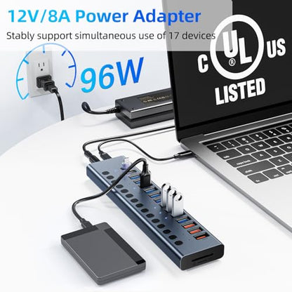 VANGREE Powered USB Hub 10Gbps, 17 Ports USB 3.2 Hub, 96W Power Adapter | 10 USB-A 3.2, 3 QC 24W Fast Charging, 2 USB-C 3.2, SD/TF, 12V/8A Power Adapter for Laptop, PC, Computer, HDD, Flash Drive - color: Gray