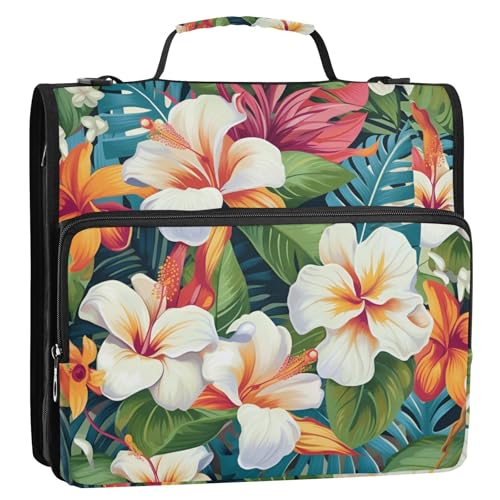 Flowers Hibiscus Zipper Binder 3 Ring 1.5 Inch School Binder Organizer with Shoulder Strap Handle File Folder Pockets Large Capacity Students Girl Boy Men Office Work - color: Flowers Hibiscus