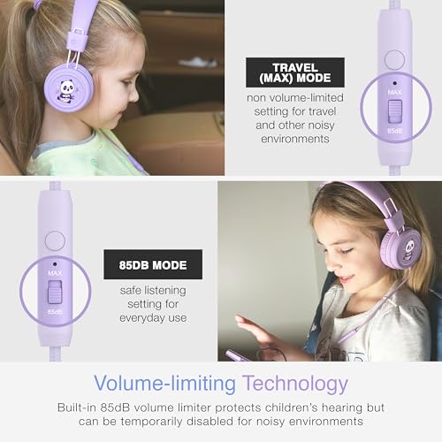 MEE audio KidJamz KJ55 Wired Children’s Headphones with 3.5mm Plug, Colorful Graphics, Volume Limiter & Microphone, Adjustable On-Ear Kids Headset for Online Learning/School/Travel/Tablet (Lavender) - color: Lavender, style: Standard