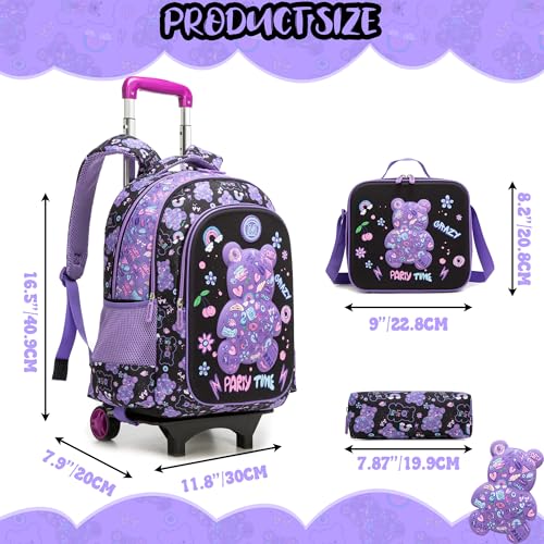 Rolling Backpack for Girls Backpack with Wheels for School Kids Cute Bear Kids Wheeled School Bag 3PCS Set with Lunch Box Pencil Case,Elementary Trolley Bookbag for School Travel - color: Black Purple Bear