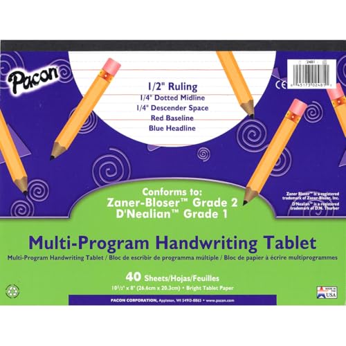 PACON PAC2481 Multi-Program Handwriting Tablet, 1/2" Ruled (Long Way) | Multi-Program, D'Nealian Grade 1, Zaner-Bloser Grade 2, 0.5" Ruling, 0.25" Dotted Midline, 0.25" Descender Space, PAC2481