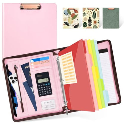 Ospelelf Pink Leather Portfolio Binder 3 Ring, Zippered Clipboard Folder with Storage - 5 Dividers with Pocket, Padfolio for Women,12.1” Tablet Sleeve, Refillable Notepad, Card Slot - color: Pink