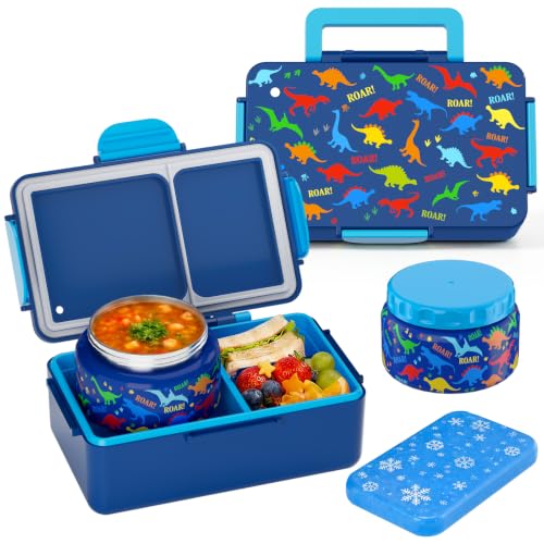 Dinosaur Bento Lunch Box for Kids – 12 oz Stainless‑Steel Soup Thermo & 3‑Compartment Leak‑Proof Food Container with Built‑In Ice Pack, Insulated Food Jar for Boys & Girls, School & Travel - color: Blue-Dinosaur